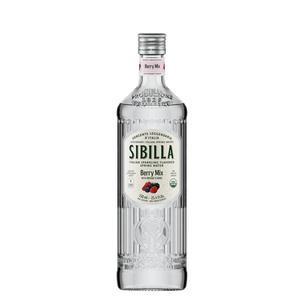 Sibilla Italian Sparkling Flavored Spring Water Organic Berry Mix glass bottle