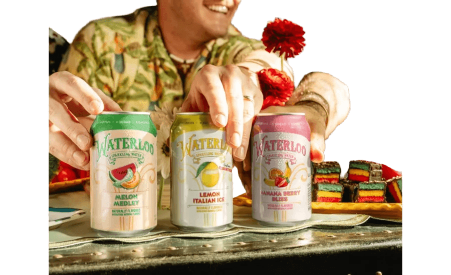 Waterloo Sparkling Water Banana Berry Bliss, Melon Medley, and Lemon Italian Ice can