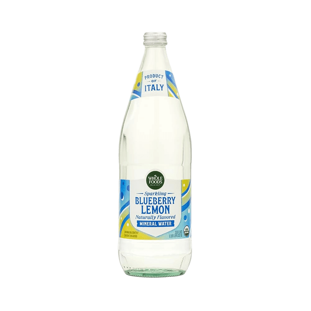 Whole Foods Market Sparkling Mineral Water Blueberry Lemon glass bottle
